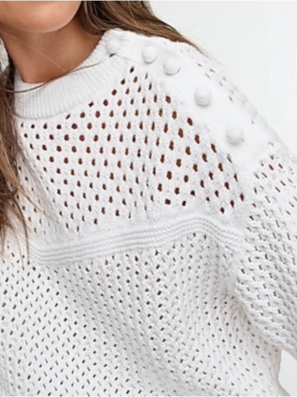 J Crew Cotton Knit Crochet SS Crewneck Sweater White Loose Textured Lagenlook